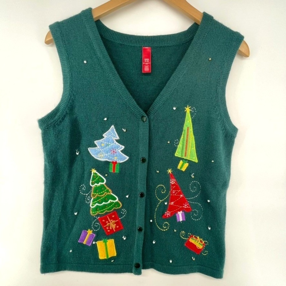 Christmas Sweater Vest Women S (4-6) Knit Button Tree Present Beaded Embroidered